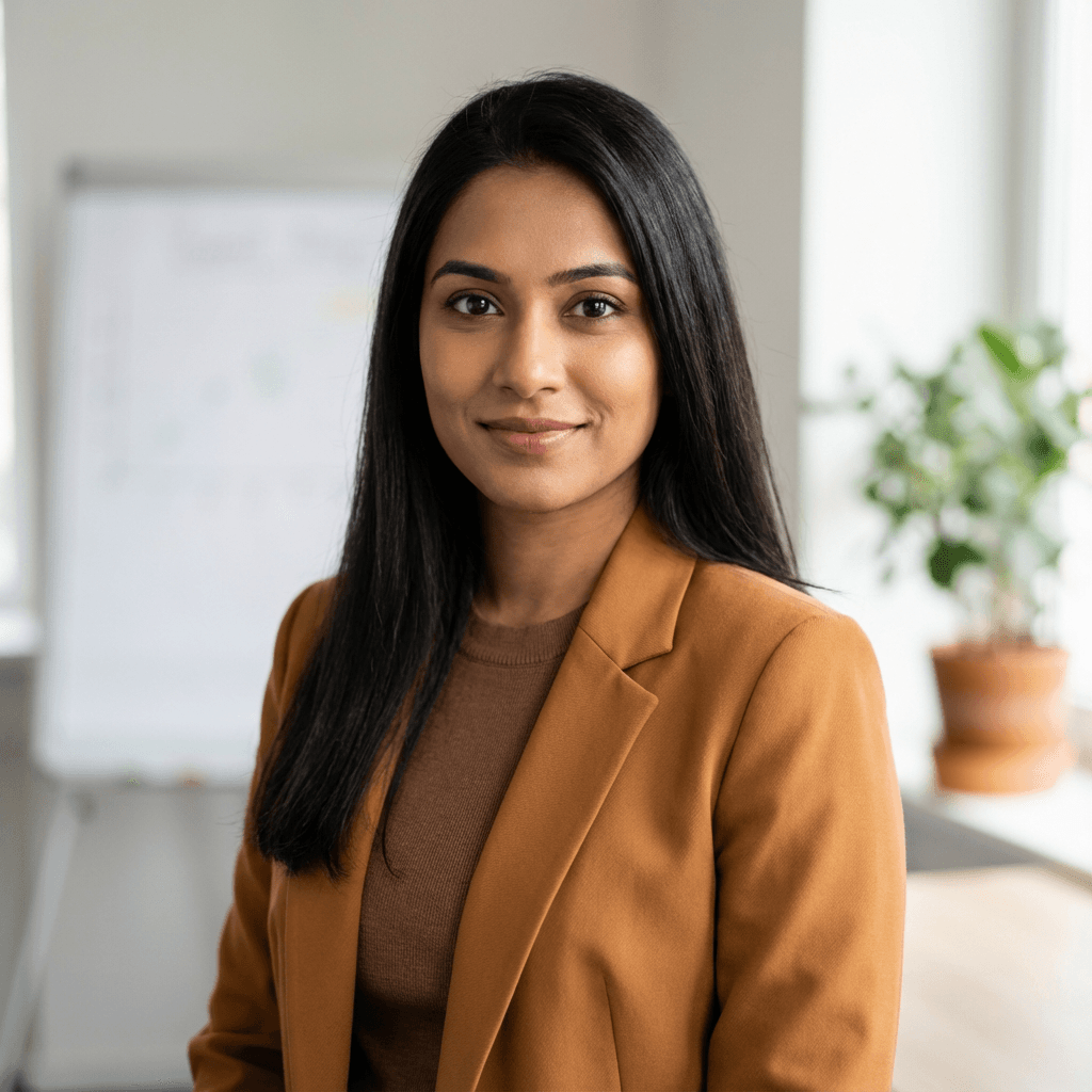 Female marketing professional smiling in a bright office