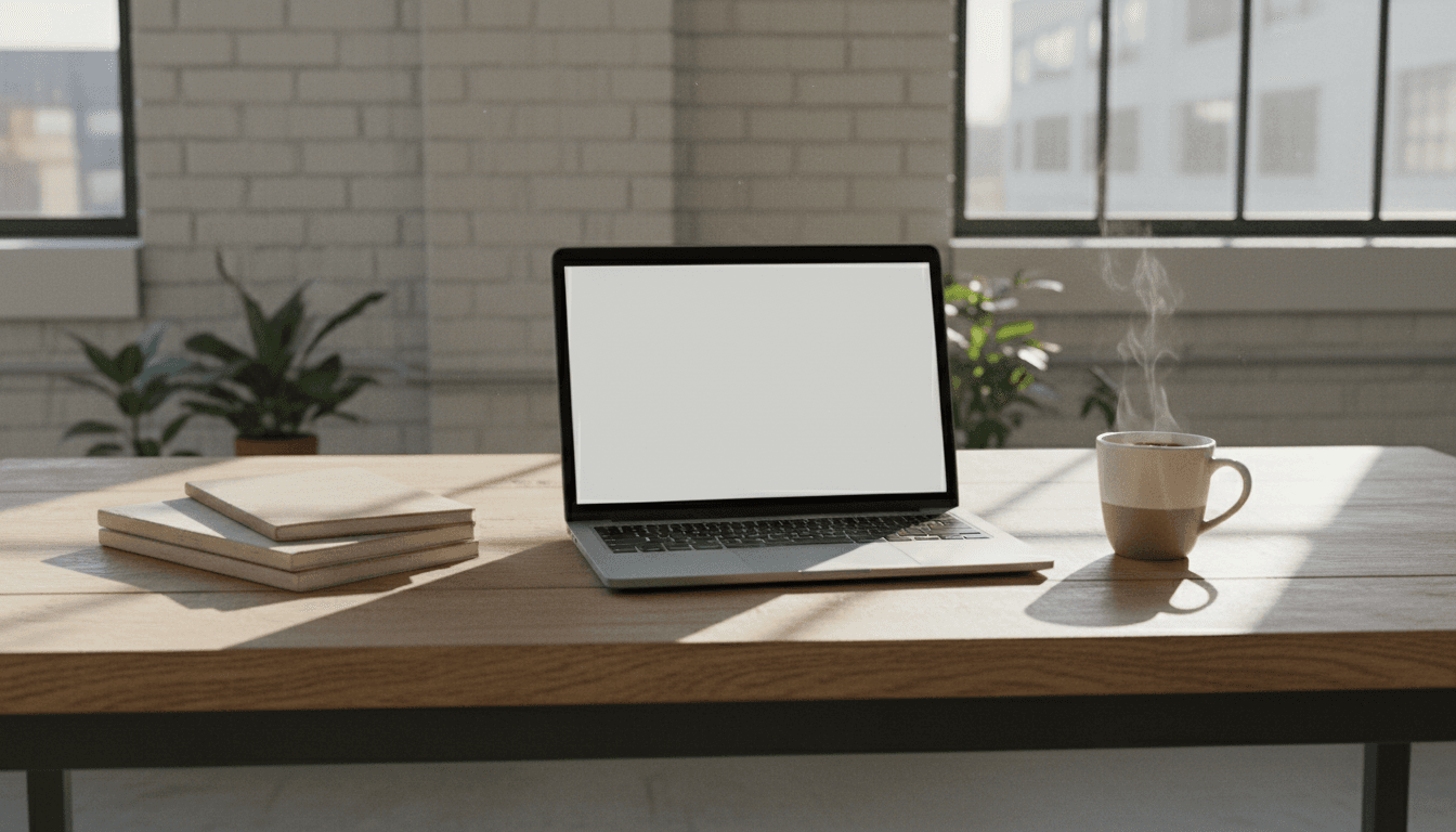 Writer's hands typing on laptop in a bright Toronto studio workspace with notebook and coffee nearby