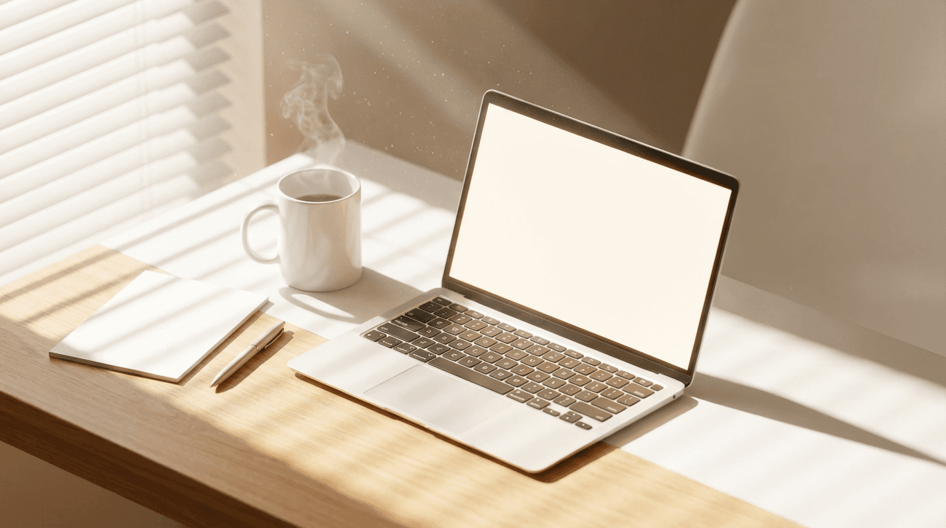 A clean workspace with a laptop, coffee, and notebook on a wooden desk