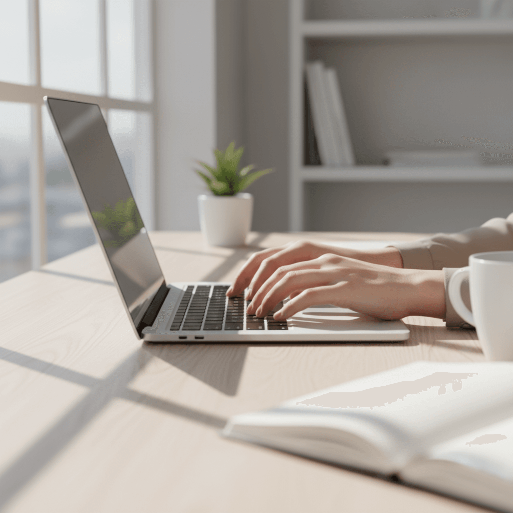Writer typing on a laptop in a bright modern Toronto studio