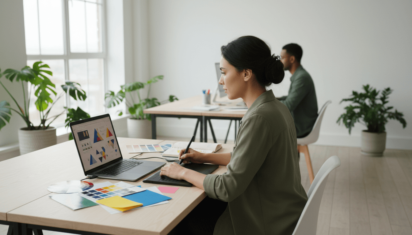 Bright workspace with a laptop, notebook, and coffee in a modern Toronto studio